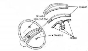 A technical parts catalog page showing exploded views of Ford truck steering wheel horn pads and a table of part numbers categorized by trim and speed control options.