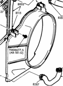 A technical table from the Ford Master Parts Catalog showing Year, Model, Part Number, Height, Width, and Bolt Hole Opening for various truck fan shrouds.