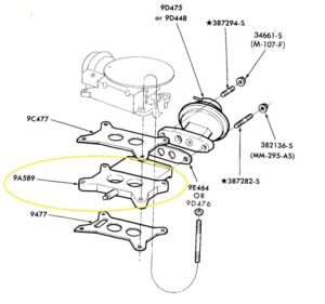 Exploded view diagram from the Ford parts catalog showing the carburetor, EGR spacer (9A589), and the stack of gaskets used on a V8 engine.