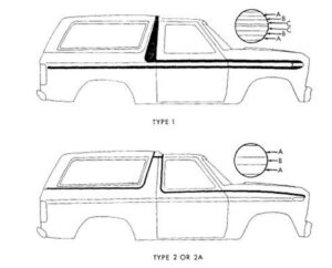 Diagram of factory tape stripe patterns and codes for 1980-1986 Ford Bronco restoration.