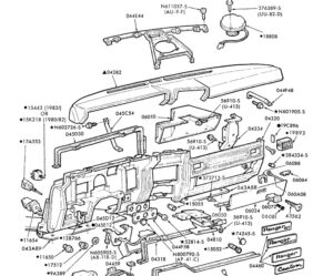 Detailed factory exploded view diagram of a 1980-1986 Ford truck dashboard showing all mounting points and trim components.