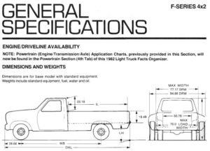 Engineering drawing and specification table for a 1982 Ford F-Series 4x2 Regular Cab showing wheelbase, height, and curb weight data.