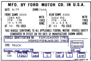 Interactive diagram of a Ford truck certification label with callouts for VIN, Wheelbase, Paint, Body, Trans, and Axle codes.