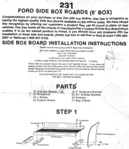 Installation diagram for DeeZee side box boards showing the bracket mounting points under the truck bed for easy cargo access.