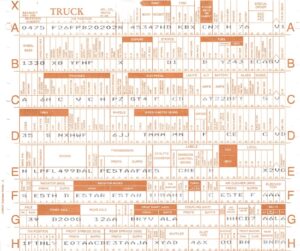 A scanned original 1985 Ford F-250 build sheet showing assembly codes for engine, transmission, and chassis options.