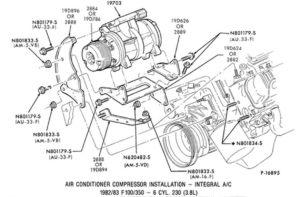 Exploded view diagram of the A/C compressor installation and mounting brackets for a 1982-83 Ford 3.8L V6 engine.