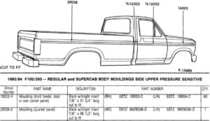Technical diagrams and photos of Ford truck exterior trim, including grilles, windshield moulding, and side body ornaments.