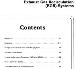 A scanned manual page titled "Contents" from the 1984 Volume H manual, listing Description, Diagnosis, and specific EGR valve types like BVT, 9F483, 9D448, 9D475, and 9H495.