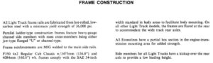 Index page of a technical document detailing frame construction, suspension specifications, and steering geometry for 1984 Ford light trucks.