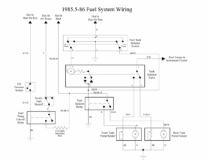 A part number table for fuel tank selector switches and a hand-drawn wiring schematic for a 1985.5 Ford truck fuel system.