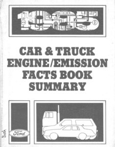 Cover of the 1985 Ford Engine/Emission Facts Book showing a complex vacuum routing diagram and technical manual title.