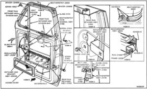 Technical diagram from a Ford service manual showing the internal components of a front door, including the window glass, regulator assembly, and adjustment points.