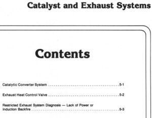 A scanned manual page titled "Section 5 – Catalyst and Exhaust Systems" listing contents for Catalytic Converter System, Exhaust Heat Control Valve, and Restricted Exhaust System Diagnosis.