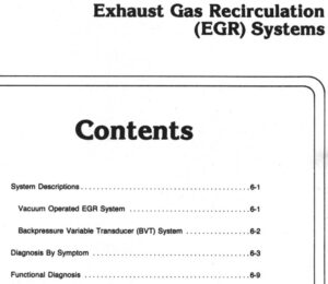 A scanned manual page titled "Section 6 – Exhaust Gas Recirculation (EGR) Systems" listing contents for System Descriptions, Diagnosis By Symptom, and Functional Diagnosis.