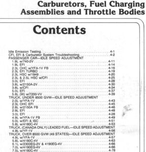 A scanned manual page titled "Section 4 – Carburetors, Fuel Charging Assemblies and Throttle Bodies" listing comprehensive idle speed and mixture adjustment contents for various car and truck engines.