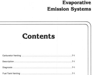 A scanned manual page titled "Section 7 – Evaporative Emission Systems" listing contents for Carburetor Venting, Description, Diagnosis, and Fuel Tank Venting.
