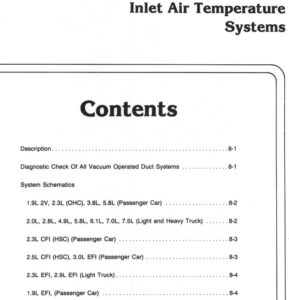 A scanned manual page titled "Section 8 – Inlet Air Temperature Systems" listing contents for Description, Diagnostic Checks, and System Schematics for various car and truck engines.
