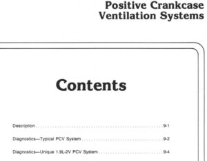 A scanned manual page titled "Section 9 – Positive Crankcase Ventilation Systems" listing contents for Description, Typical PCV System Diagnostics, and Unique 1.9L-2V Diagnostics.
