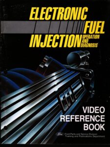 Cover of the 1987 Ford Video Reference Book for Electronic Fuel Injection Operation and Diagnosis, featuring a stylized blue intake manifold graphic.