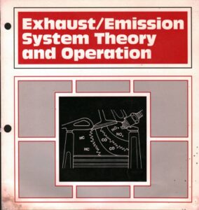 Cover of a Ford training manual titled "Exhaust/Emission System Theory and Operation" featuring a technical illustration of combustion gases (HC, CO, NOx) inside a cylinder.