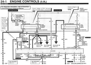 A detailed powertrain control module wiring schematic for a 1996 Ford truck equipped with the 5.0L V8 engine.