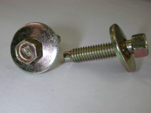 A close-up photograph of a yellow zinc-plated M6-1.0mm x 28mm screw with a captive washer, identified as Ford part number N606677-S36.