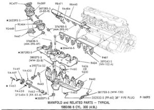 A technical exploded view of a Ford truck intake manifold assembly, showing the carburetor spacer (9A589), EGR valve (9D475), and associated gaskets.