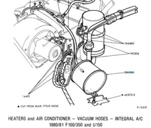 A parts catalog illustration showing the cylindrical metal vacuum reservoir and the spherical plastic HVAC reservoir used in 1980–1986 Ford F-Series trucks.