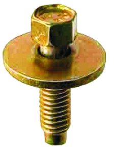 A close-up of a yellow zinc-plated M6 bolt with a captive washer, identified by Ford part number N606675-S36.
