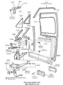 A technical parts list showing year ranges (80/86), model restrictions, and specific Ford part numbers for clear and tinted door glass, alongside illustrations of door vent valves and clips.