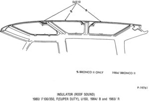 A screenshot of a Ford Master Parts Catalog table for "Insulation (Roof Panel Sound)" alongside an exploded diagram (P-19761) showing insulation placement for Bronco II and F-Series trucks.