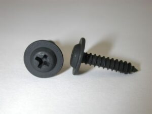 A close-up photo of a black Phillips washer-head sheet metal screw, identified as Ford part number N56912-S2.