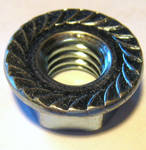 A close-up of an M6-1.0mm serrated flange locknut with a black phosphate finish, identified as Ford part number N801521-S2.