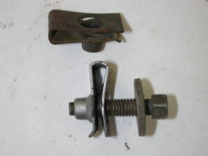 Two views of a black phosphate M6-1.0mm U-nut used for Ford truck fenders, identified as part number N623342-S2.