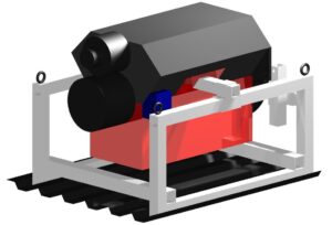 A 3D CAD rendering of a custom-built white steel engine cradle holding a black V8 engine block mockup.