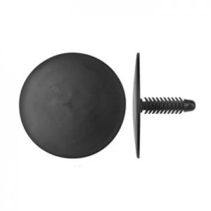A black plastic "Christmas tree" style push pin fastener with a large flat head, identified as Ford part number N803387.