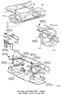 A technical drawing titled "Fuel Tank and Related Parts - Midship" showing a skid plate (9A147) and various mounting bolts and straps for a 116" or 138" wheelbase truck.