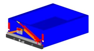 A 3D CAD rendering of a blue Ford truck bed with a custom grey heavy-duty rear bumper, featuring a swing-out tire carrier holding a large spare tire and a red high-lift jack.