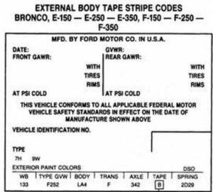 A technical chart from the Ford shop manual listing alphanumeric tape codes, their corresponding color names, and the model years they were available.