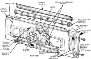 Bronco factory shop manual diagram for tailgate window regulator and electric motor testing.