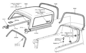 Exploded view of 1980-1986 Ford Bronco roof assembly showing bolt locations, nut retainers, and side reinforcements.