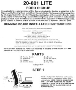 Installation diagram showing Step 1 and Step 2 for mounting DeeZee lited running boards and mudguards to a Ford pickup.