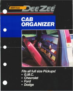 Brochure cover showing a red truck seat tilted forward to reveal a DeeZee Cab Organizer filled with tools, oil cans, and a fire extinguisher.