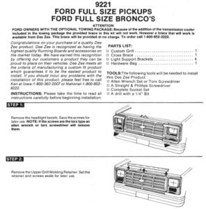 Step-by-step installation sheet for the DeeZee Lited Grille featuring diagrams of the aluminum bar assembly and light mounting points.