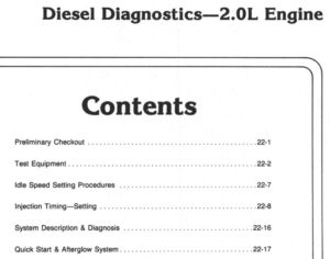 A scanned manual page titled "Diesel Diagnostics—2.0L Engine" listing contents including Preliminary Checkout, Injection Timing, and Glow Plug Control System Diagnosis.