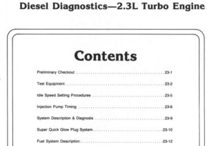 A scanned manual page titled "Diesel Diagnostics—2.3L Turbo Engine" listing contents including Injection Pump Timing, Super Quick Glow Plug System, and Symptom Analysis.