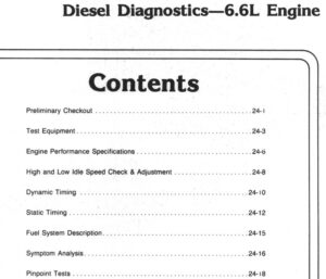 A scanned manual page titled "Diesel Diagnostics—6.6L Engine" listing table of contents including Preliminary Checkout, Dynamic Timing, Symptom Analysis, and Injector Nozzle Testing.