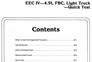 A scanned manual page titled "SECTION 22 – EEC IV—4.9L FBC, Light Truck—Quick Test" listing contents for Test Equipment, Service Code Format, Vacuum, and Electrical Schematics.