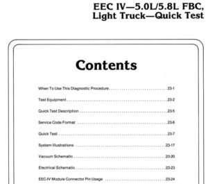A technical manual page titled "Quick Test 3.1 – Key On, Engine Off Self-Test" for 5.0L/5.8L FBC engines, showing a table of service codes 15 through 63 and their corresponding pinpoint test actions.