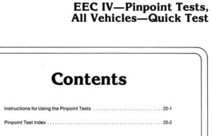 A scanned manual page titled "Section 25 – EEC IV—Pinpoint Tests, All Vehicles—Quick Test" listing the table of contents for Instructions and the Pinpoint Test Index.